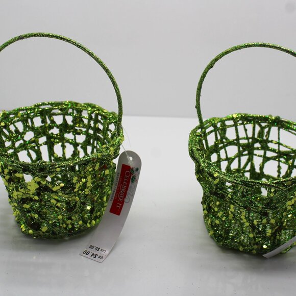 Lot of 2 Celebrate It Small Decorative Green Sparkle Wire Baskets Christmas Noel - Picture 1 of 5